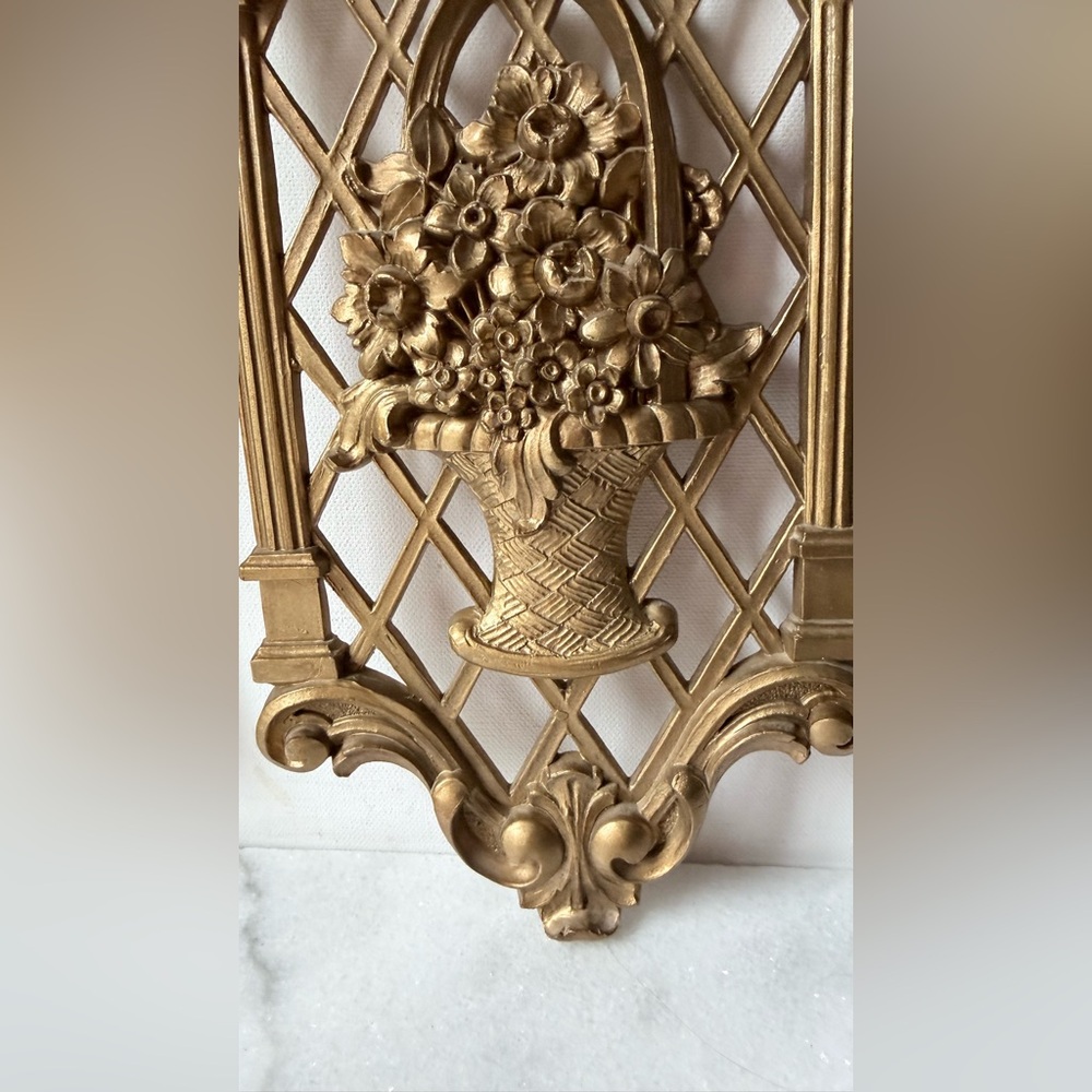 Elegant Gold Wall Decor Set vintage 1971 gold lattice wall plaques - Picture 6 of 11